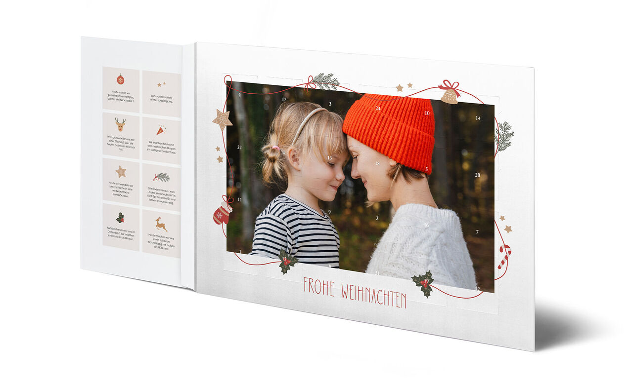 Fröhlich gestalteter Adventskalender mit winterlichen Motiven, Geschenk-Illustrationen und einem persönlichen Foto.