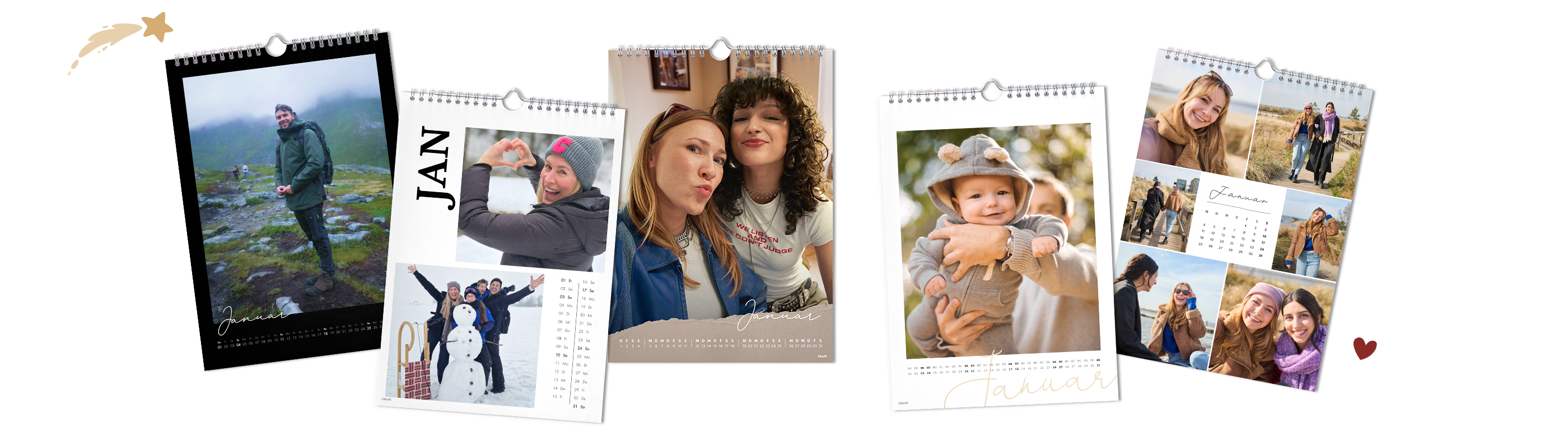 Mehrere CEWE Wandkalender mit persönlichen Fotos und dem Schriftzug „Auf ein neues Jahr voller schöner Momente!“